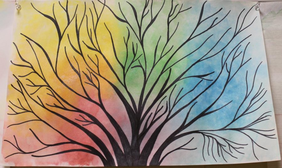 This art piece is of a shadowed tree with a rainbow background.
