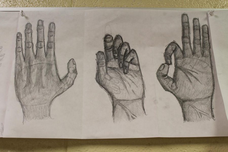 Sketch drawings of a hand in different positions.