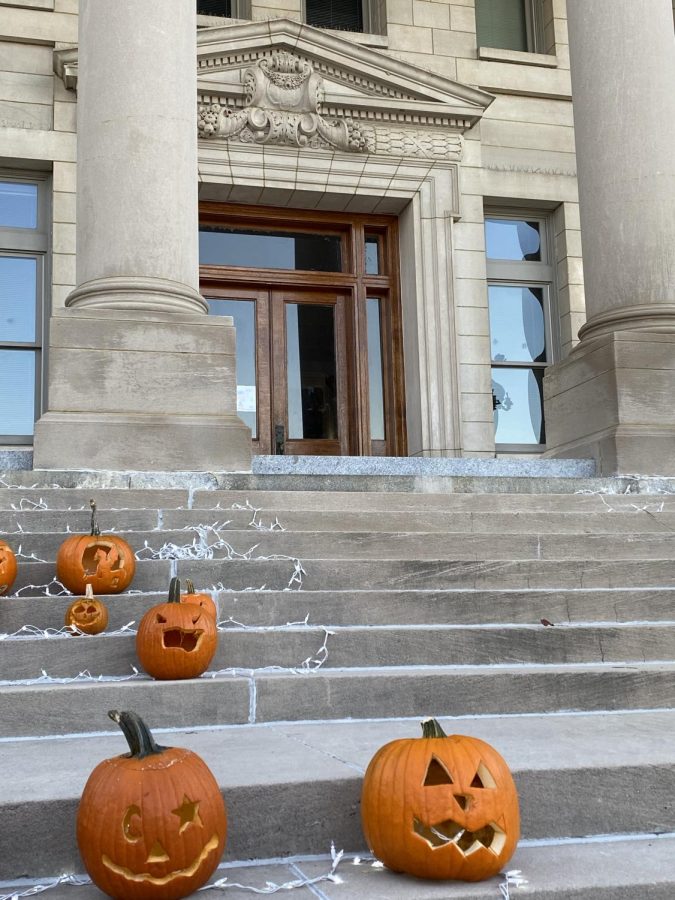 The steps of the Courthouse, covered in the Bourbon County Schools pumpkins.