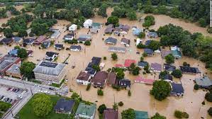 An aerial view of eastern Kentucky town in Jackson, Kentucky. Houses and trees submerged under flood water on July 28th.