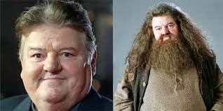 Actor Robbie Coltrane side by side with character, Rubeus Hagrid 