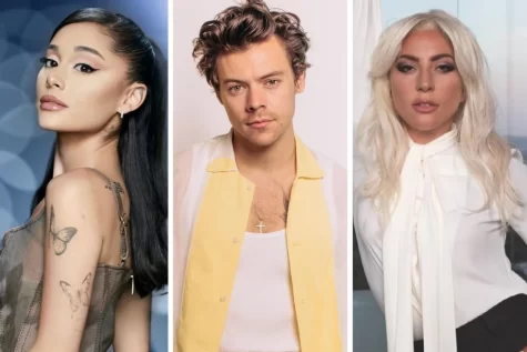 A collage of Ariana Grande beside Harry Styles and Lady Gaga