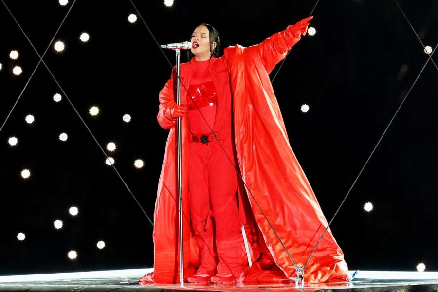 Rihanna on her high platform stage during her halftime performance at the superbowl.