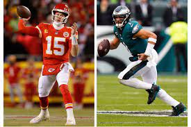 Kansas City Cheifs QB, Patrick Mahomes beside Eagles leading QB, Jalen Hurts, who just returned from a shoulder injury. 