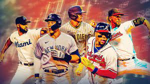 Collage of five MLB players, featuring Yankees Aaron Judge who recently signed a ten year contract with them. 
