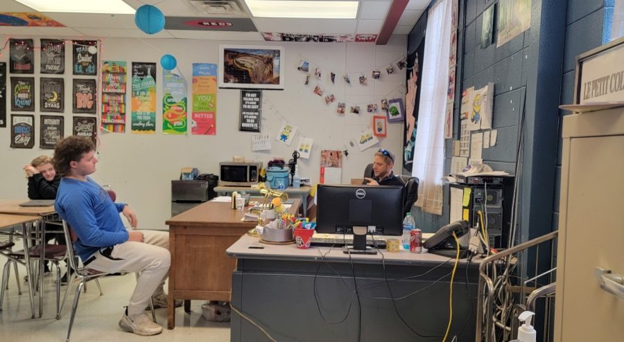 Dr. Cameron Lippert, Chief Innovation Officer of ElectraMet in Lexington, Kentucky conducting a mock interview with senior Colin Soard in Ms. Daniels English IV course.