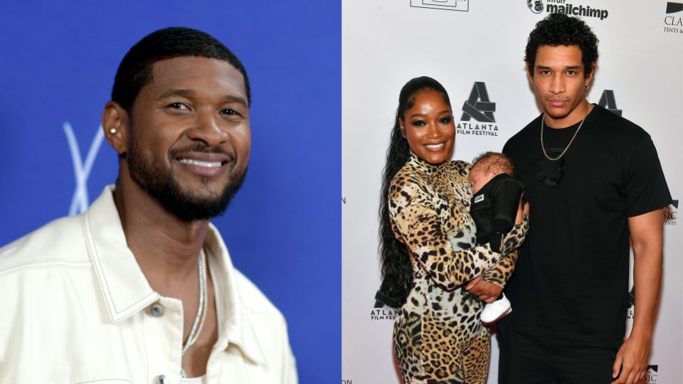 Keke Palmer and her son Leodis in her arms next to her former boyfriend Darius Jackson taking a family photo together. Usher is in his own photo next to them because he created the song Boyfriend with Keke Palmer. 