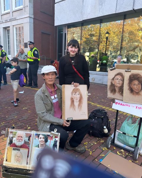 Street artist Ming final sketch of the writer Madolynn , done on the streets of Salem Massachusetts