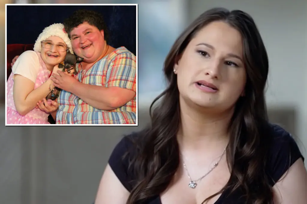 A photo of Gypsy Rose Blanchard doing an interview which also features an older picture of her mother and her. 