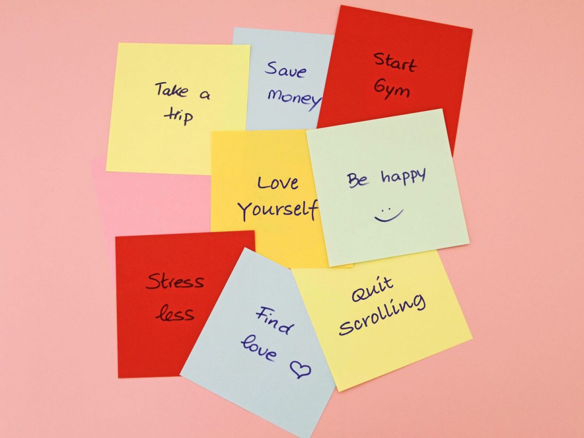 Colorful sticky notes depicting the many common New Years Resolutions. 