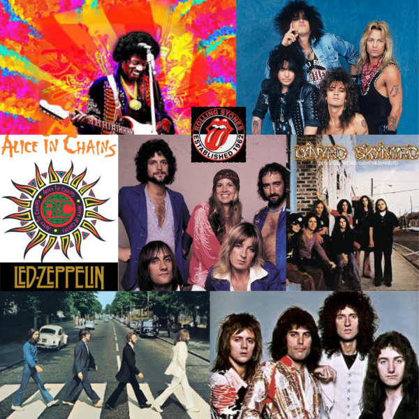 A collage of bands and artists from the 60s, 70s, and 80s that are mentioned in the podcast. 