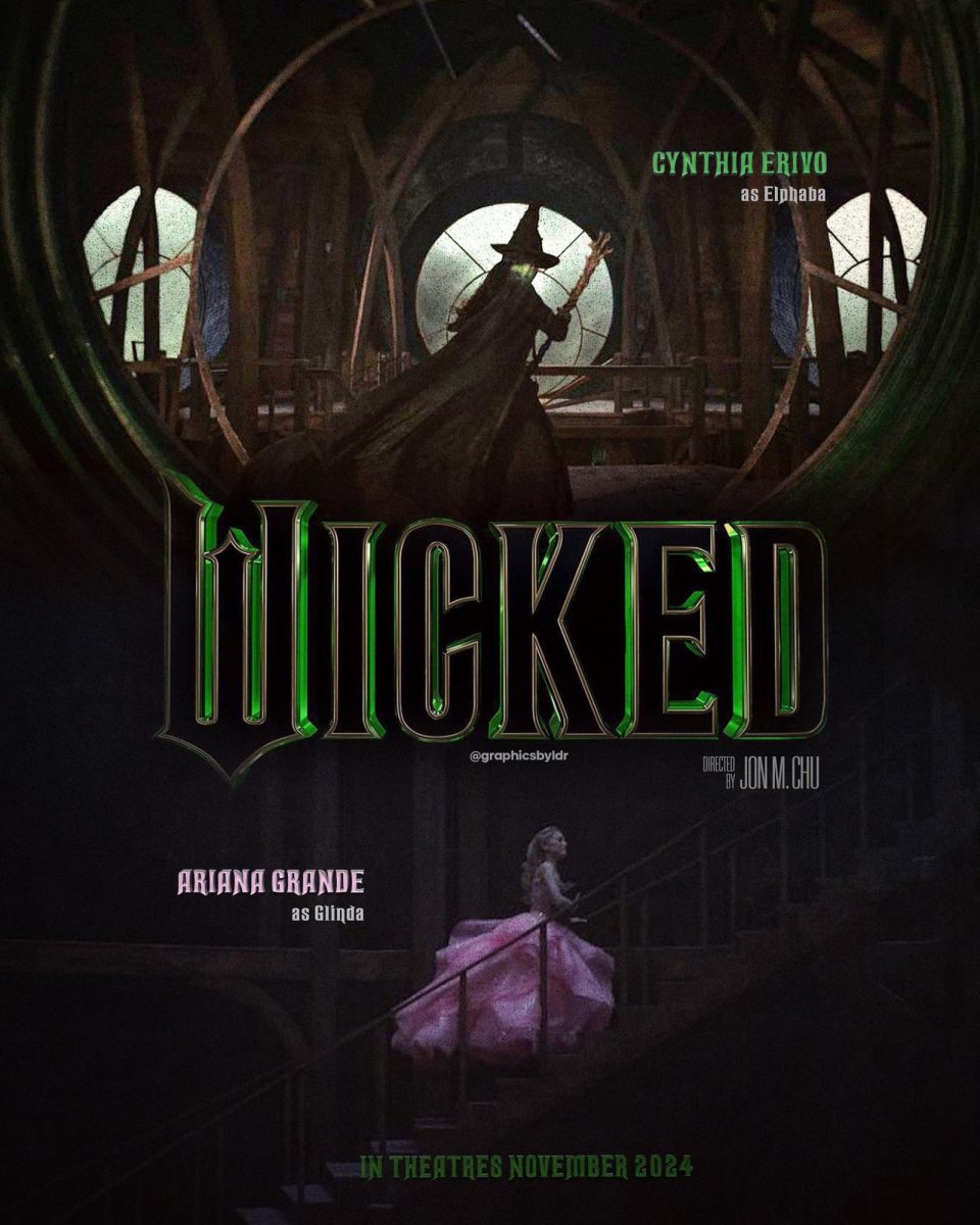 A photo which features Cynthia Erivo as Elphaba and Ariana Grande as Glinda and the offical movie title, Wicked