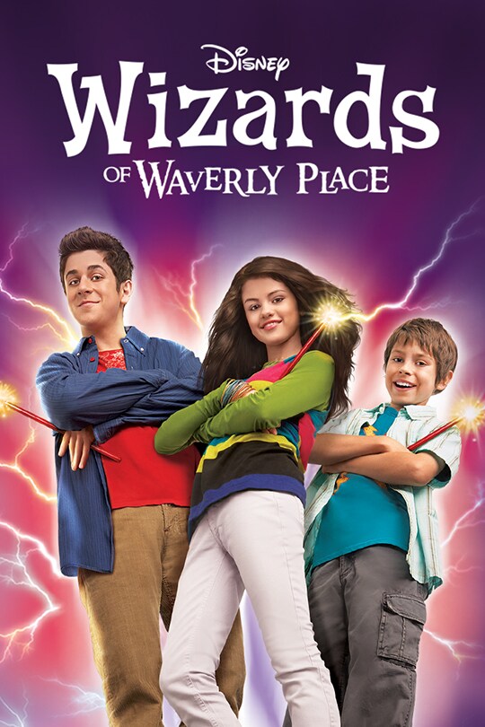 This is a cover photo for the original Wizards of Waverly place with David Henrie on the left, Selena Gomez in the center, and Jake Austin on the right. The three made up the Russo trio.