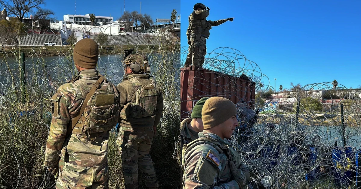 Texan National Guard defends barbed wire on the border.