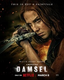 The movie cover for Netflix new movie Damsel, released on March 8, 2024. The main actress is stranger things star, Mllie Bobby Brown