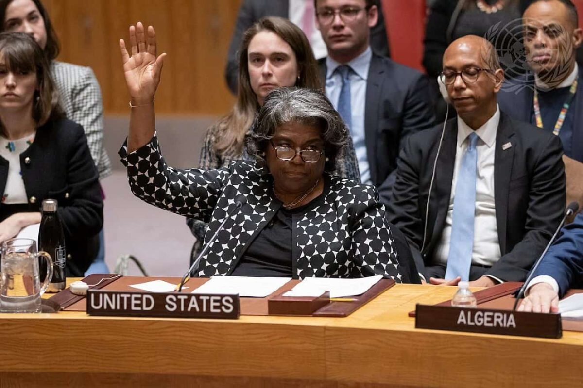 Linda Thomas-Greenfield, the U.S. ambassador to the United Nations, vetoes a draft resolution calling for a ceasefire to the war between Israel and Hamas in the Gaza Strip, put forth by Algeria, at U.N. Security Council on Feb. 20, 2024.