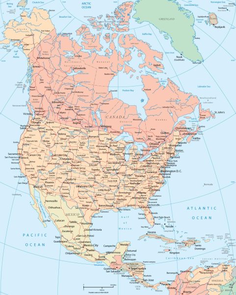 Image depicts North America which has the united states shown within it.