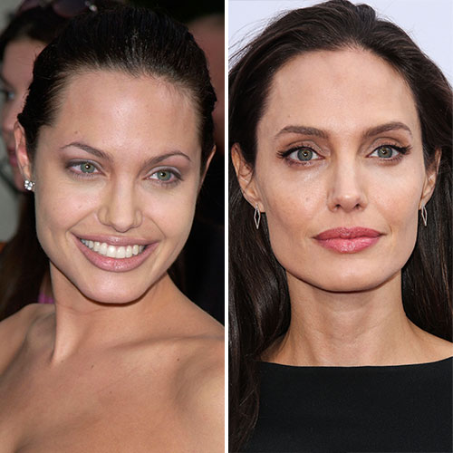 Image of Angelina Jolie , American actress, filmmaker, and humanitarian.On the left shes younger and in her 20s while the right is a recent image in her 40s. 