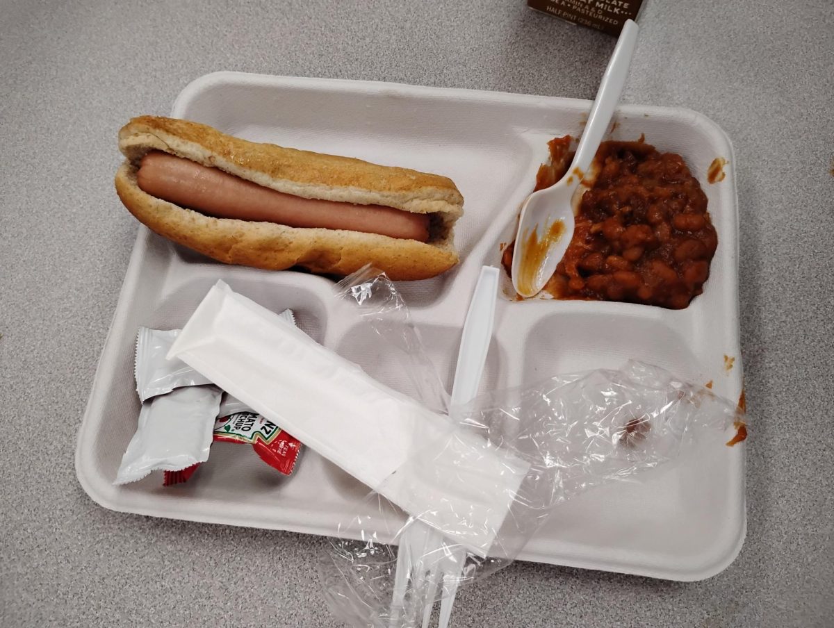 This is a photo of our cafeteria food, in particular hot dog on bun with beans.