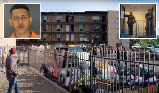 View of the apartment complex, image of Tren de Aragua's mugshot, and image of Aurora police officer patrol at the complex