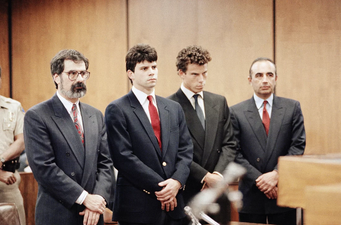 Lyle Menendez (second from left) and his brother, Erik are flanked by their attorneys Gerald Chaleff (left) and Robert Shapiro, in Beverly Hills Municipal court in 1990 