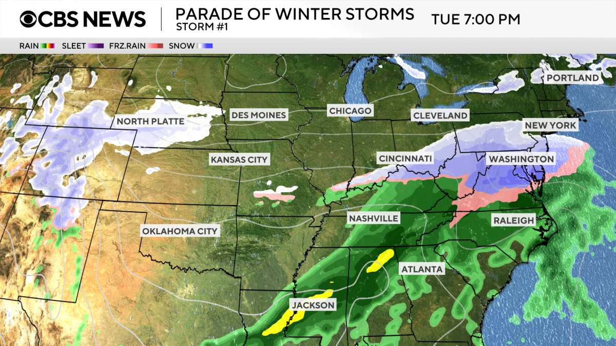 An image of a weather forecast showing the winter storms